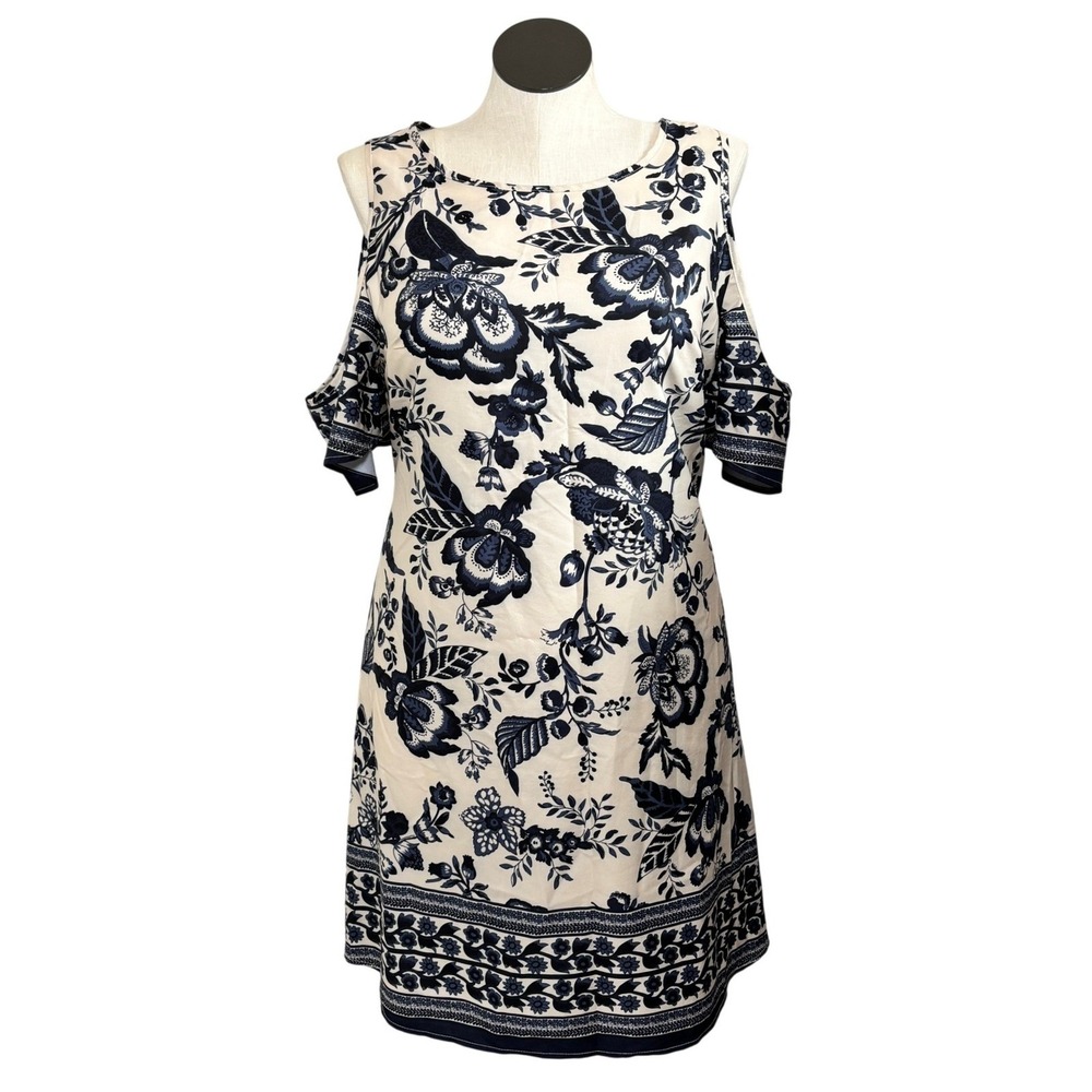 Shein Curve Womens 1XL Cold Shoulder‎ Floral Shift Dress Navy Cream Plus Size